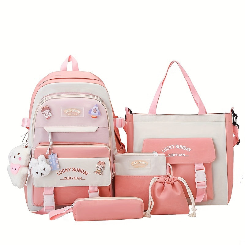 Five-Piece Large Capacity Double Shoulder Bag Women's Fashion Simple Color-Block Casual Backpack (No Pendant, Badge Ladies Travel Bag)